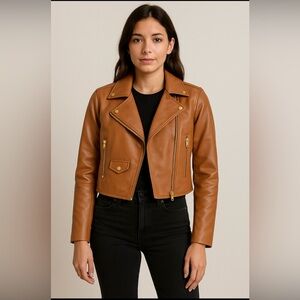BLANKNYC Cognac Faux Leather Moto Jacket XS - Cropped Gold Zip